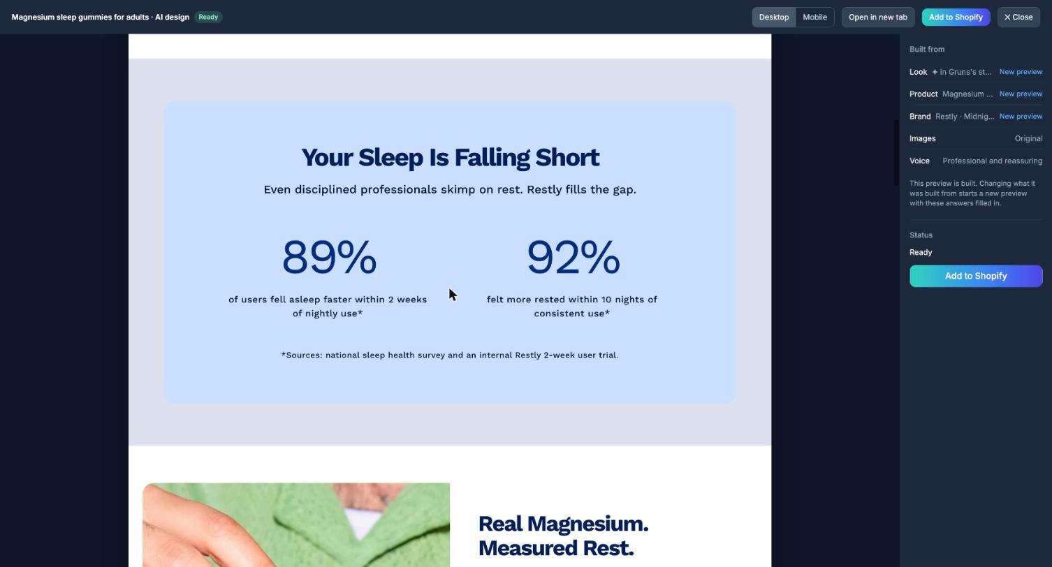 Section titled 'Your Sleep Is Falling Short' claiming 89% of users fell asleep faster and 92% felt more rested, sourced to an internal Restly 2-week user trial
